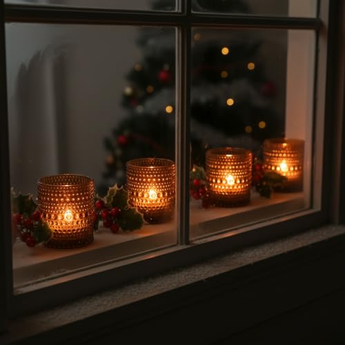 12 Pack Amber Glass Votive Candle Holders, Vintage Tealight Holders