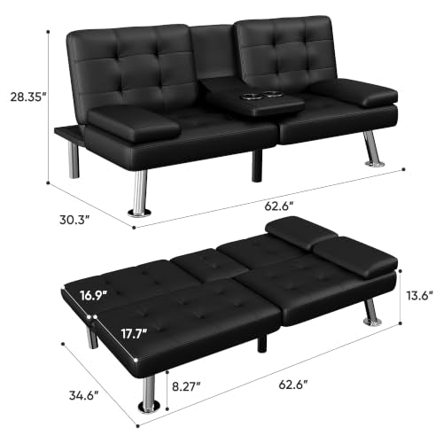Flamaker Black Faux Leather Futon Sofa Bed Convertible Loveseat with Adjustable Back