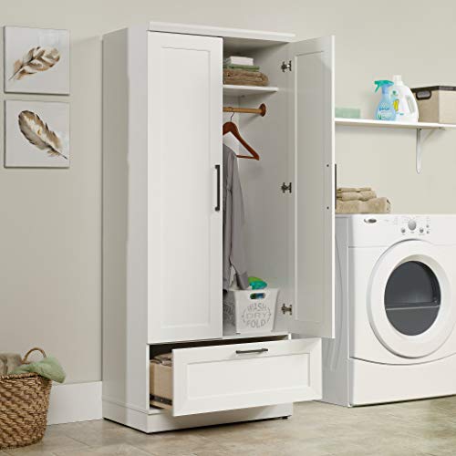 Wardrobe Storage Cabinet with Garment Rod and Drawer, Soft White