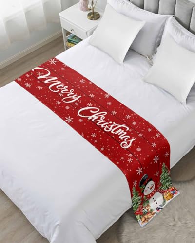 Red Christmas Snowman Bed Runner for Full/Queen Size Bed (83x20 Inches)