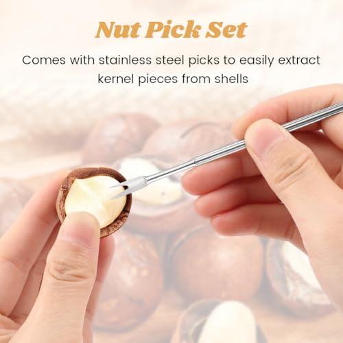 Heavy Duty Nut Cracker Set with Wooden Base & 4 Stainless Steel Picks - Adjustable Lever Nutcracker for All Nuts
