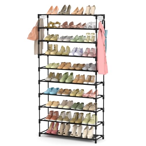 10-Tier Tall Shoe Rack - Large Capacity 40-Pair Shoe Organizer with Hooks
