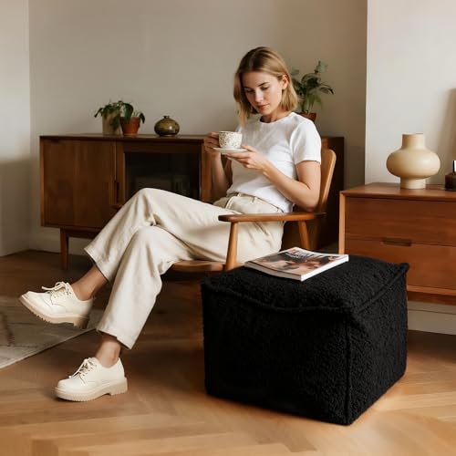 Square Boucle Pouf Ottoman, Soft Foam-Filled Footrest for Living Room