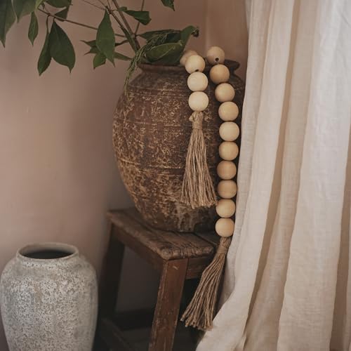 41-Inch Extra Large Wood Bead Garland with Tassels, Farmhouse Decor
