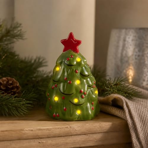 Mud Pie Light Up Christmas Tree Sitter – Green Stoneware LED Tabletop Decor