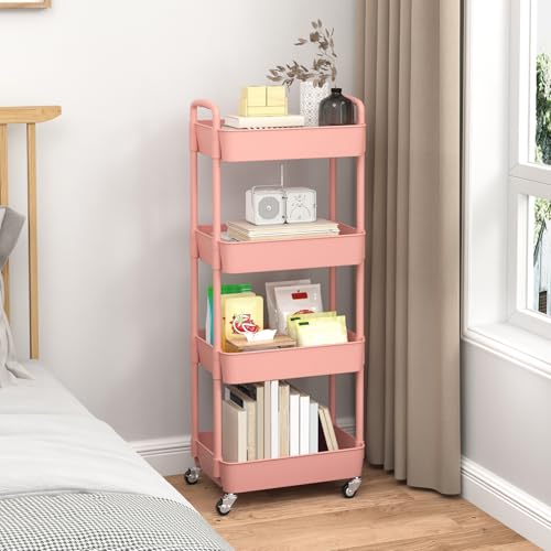4-Tier Plastic Rolling Utility Cart with Handle & Lockable Wheels, Pink