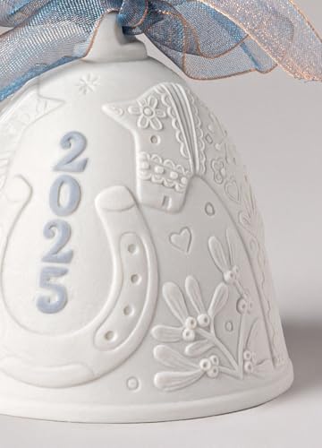 2025 Christmas Bell Ornament in Matte Porcelain with Blue Details