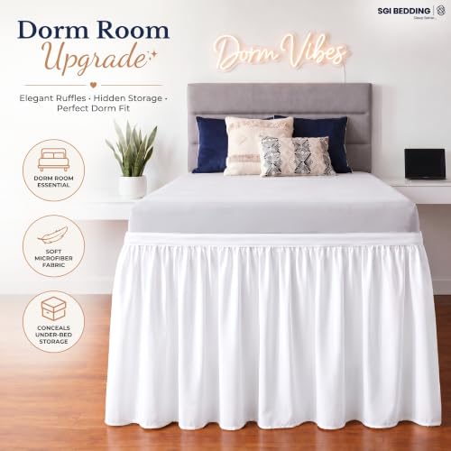 Twin XL Ruffled Dorm Bed Skirt with 30 Inch Drop - White Microfiber Dust Ruffle