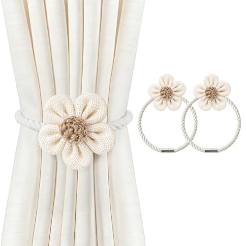 Boho Magnetic Curtain Tiebacks - Rustic Linen Cotton Flower Holdbacks (2 Pcs)