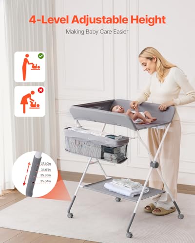 Foldable Baby Changing Table with Storage and Adjustable Height, Gray