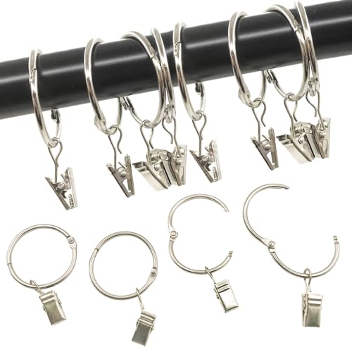 Openable Curtain Rings with Clips, 1-Inch Metal Drapery Hangers, 24 Pack