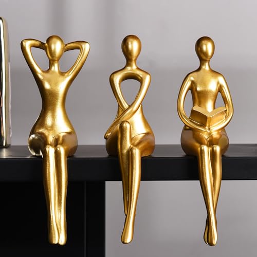 Abstract Gold Thinker Statue Set - Modern Resin Shelf Decor Figurines (3 Pc)