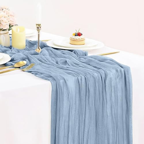 Dusty Blue Cheesecloth Table Runner 35x120 Inch, Boho Gauze Table Decor