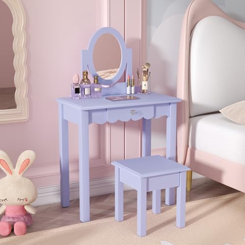 Kids Vanity Set with Mirror, Stool, and Drawer - Purple Wooden Makeup Desk