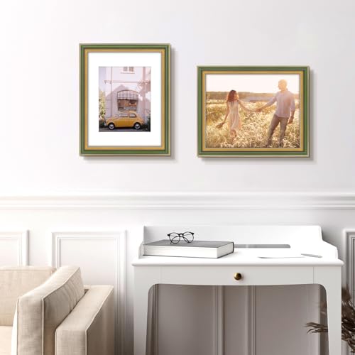 Ornate 11x14 Picture Frame with Mat for 8x10 Photos, Green Gold Finish