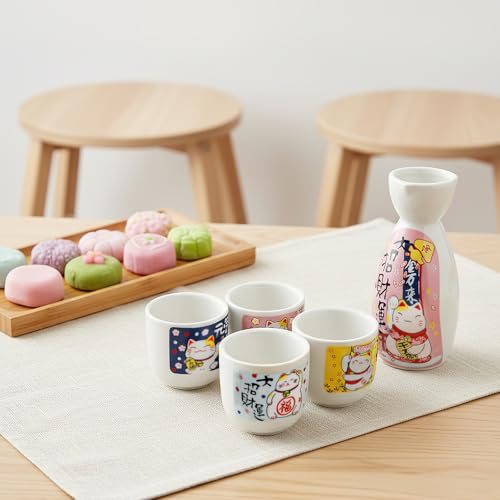 Goaste Ceramic Japanese Sake Set with 4 Cups & 1 Bottle - Maneki Neko Fortune Cat Pattern