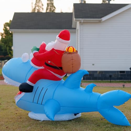 TIUIRE 8.5FT Outdoor Inflatable Santa Riding Shark Christmas Yard Decor - Funny Xmas Blow Up