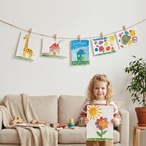 100 Pcs Mini Wooden Clothespins with Jute Twine for Photo Hanging Display