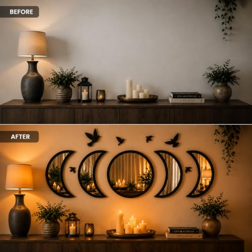 Moon Phase Mirror Wall Decor Set with Birds - Gothic Boho Wall Art