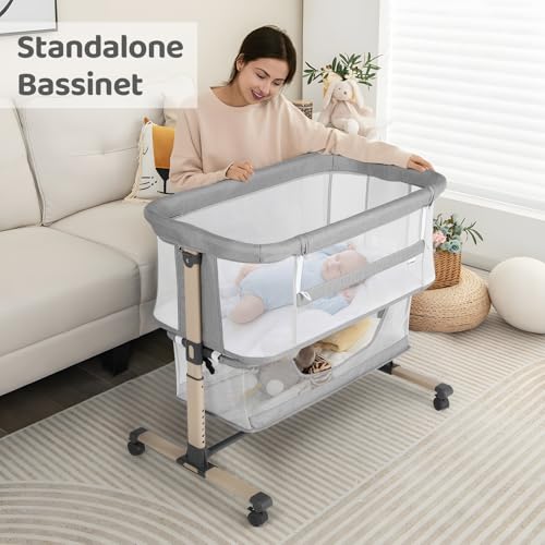 Adjustable Bedside Bassinet Sleeper with Breathable Mesh, Wheels & Storage