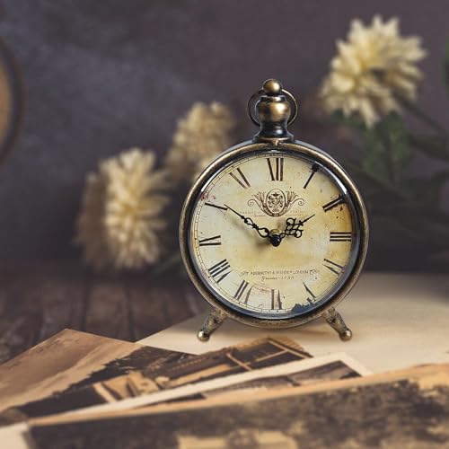 Vintage Metal Mantel Clock - Silent Battery-Operated Desk Clock (Brass)