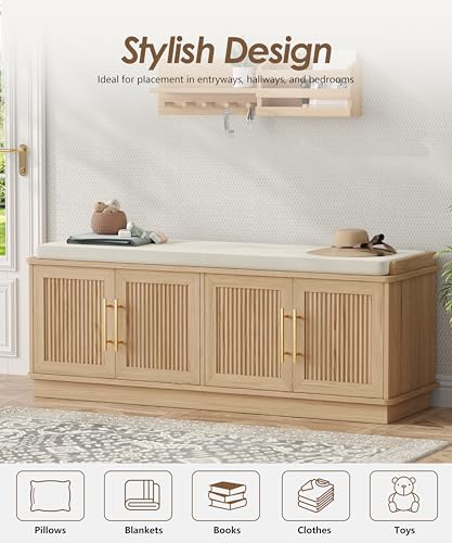 47-inch Fluted Shoe Storage Bench with Padded Cushion and Adjustable Shelves