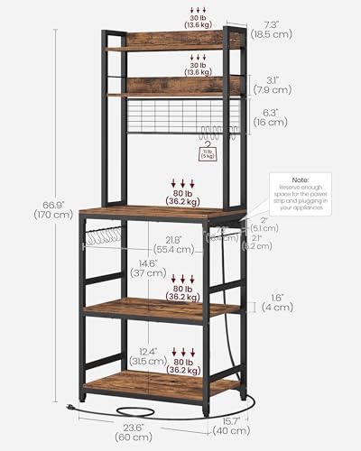 Industrial Bakers Rack with Power Outlet, Kitchen Microwave Storage Shelf