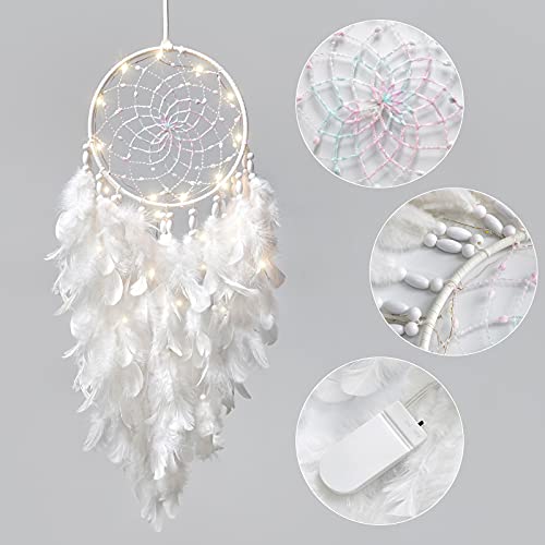Handmade White Feather Dream Catcher with LED Lights, 20-Inch Wall Hanging