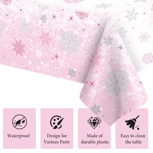 Pink Snowflake Plastic Tablecloth 54x108 Inch Winter Wonderland Party Decor - 2 Pack