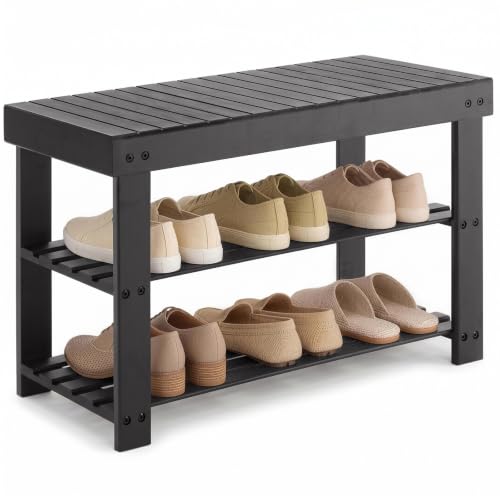 3-Tier Bamboo Shoe Rack Bench, Entryway Storage Organizer, 286 lb Capacity