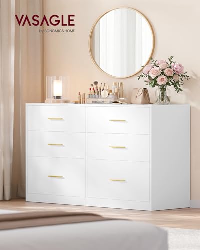 6-Drawer Dresser Chest with Gold Handles, Modern Storage Tower in White