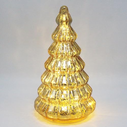 Gold Mercury Glass Christmas Tree Lamp with Timer, Battery Operated Night Light, 8.2-inch Tabletop Holiday Decor