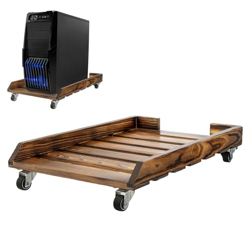 Rustic Solid Wood CPU Tower Stand with Rolling Lockable Caster Wheels