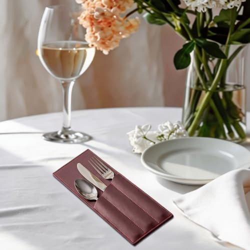 Wine Red Leather Cutlery Sleeve Set - 2 Pcs Utensil Holders for Dining