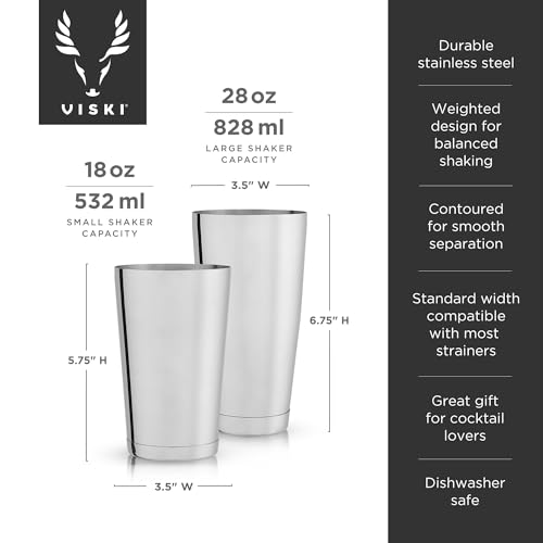 Viski Stainless Steel Shaker Tins for Cold Brew Cocktails, Margarita, Whiskey Sour, Espresso Martini Shaker, Home Bar Accessories, Bartending Tools, Bartender Gifts, 28 oz & 18 oz, Set of 2