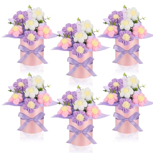 Willinglong 6-Piece Pastel Crochet Flower Bouquet Gift Set - Handmade Artificial Flowers with Gift Bags