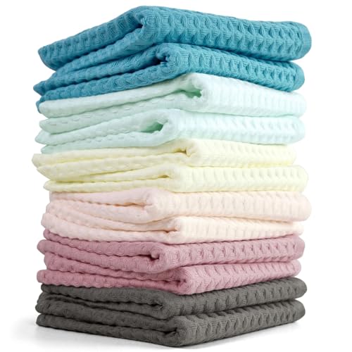 Cleanbear Set of 12 Cotton Waffle Wash Cloths - Cream, Pink, Green & More