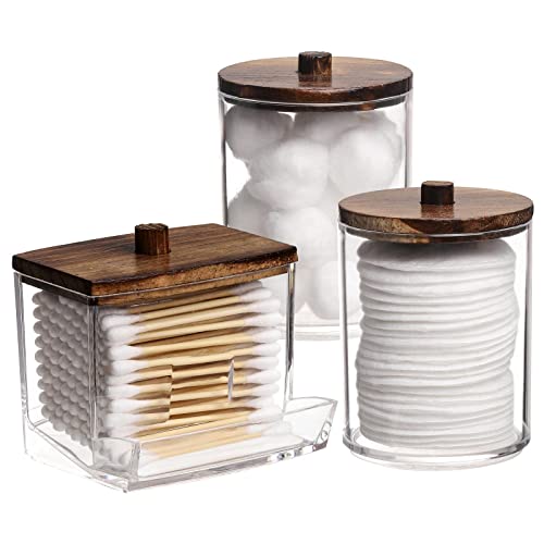 3 Pack Clear Plastic Apothecary Jars with Wood Lids for Bathroom Storage