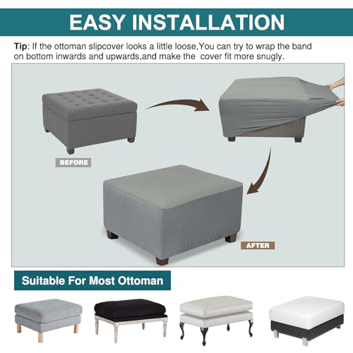 Large Waterproof Square Ottoman Cover - Light Gray, Stretch Fit
