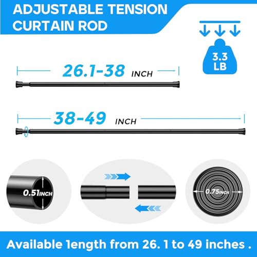 Black Spring Tension Curtain Rods 2-Pack, 28-48 Inch Adjustable No-Drill