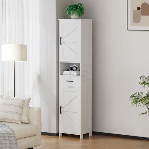 67" Tall Bathroom Storage Cabinet with Barn Doors, Drawer & Shelves