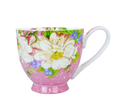 YUESITE 16oz Bone China Floral Mugs - Pink Magnolia, Large Coffee Tea Cup