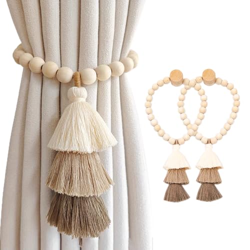 Handmade Boho Magnetic Curtain Tiebacks with Wood Beads, 2 Pack