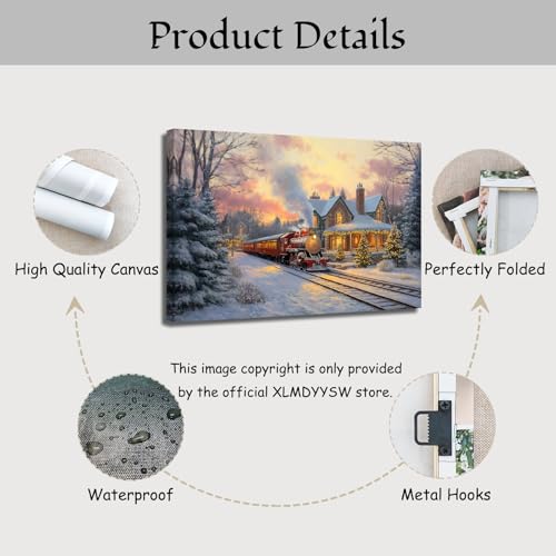 XLMDYYSW Christmas Red Train Wall Art Canvas Print 16" x 24" Winter Scene Cabin Decor