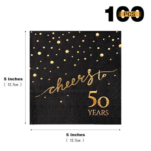 50th Birthday Napkins - Cheers to 50 Elegant Black & Gold Cocktail Party Pack, 100 Count