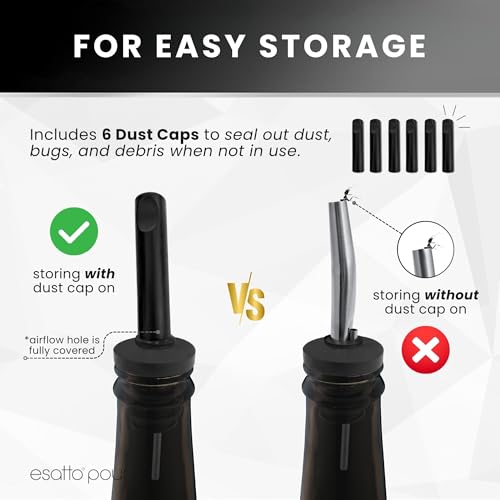 Esatto Stainless Steel Liquor Pourers 6 Pack with Dust Caps - Chrome, Leak-Proof, Drip-Free