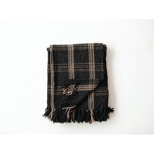 Plaid Black & Tan Fringed Woven Cotton Blend Throw