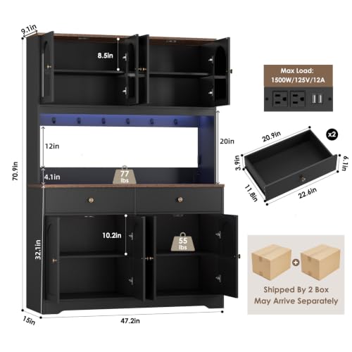 71-Inch Tall Kitchen Pantry Cabinet with RGB LED, Power Outlet and Hutch