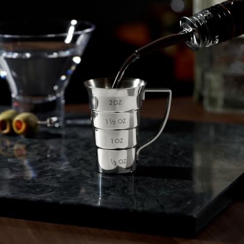 Viski Silver Stepped Jigger with Handle - 4 Measurement Markings, Stainless Steel Bar Tool