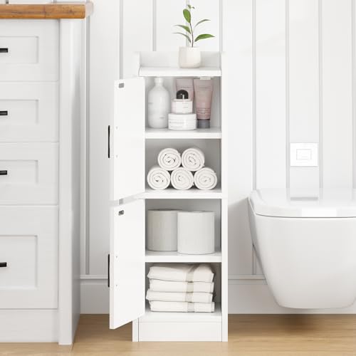 AURINEST White Wood Narrow Bathroom Storage Cabinet with 2 Doors, Slim Shelves, 29.5"H